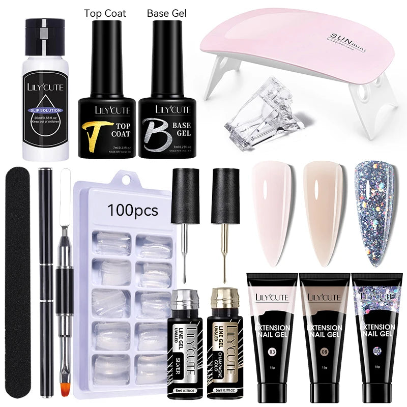Kit de gel para extensión de uñas LILYCUTE de 15 ml, gel UV, acrílico, blanco, transparente, rosa, esmalte de uñas, lámpara LED, set de manicura para decoración de uñas.