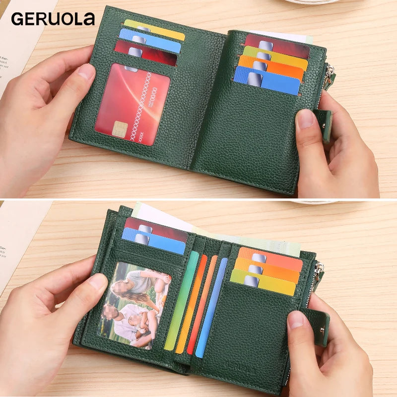 Cartera multifuncional antirrobo RFID de tres pliegues y múltiples pliegues de cuero genuino de vaca con cierre magnético y cierre antimanipulación.