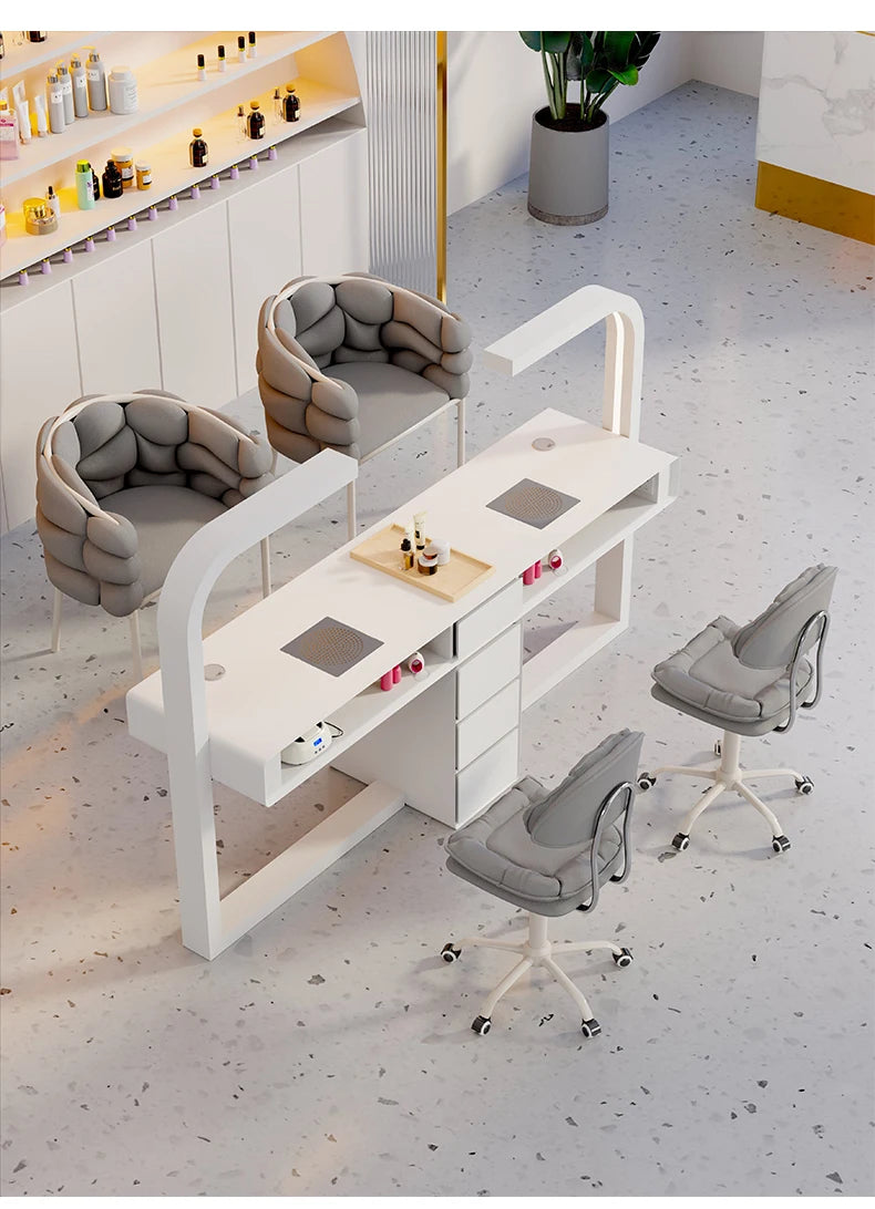 Cream Dust Collector Manicure Table With Lamp French Beauty Storage Nail Table Minimalist Aesthetic Table Ongle Salon Furniture