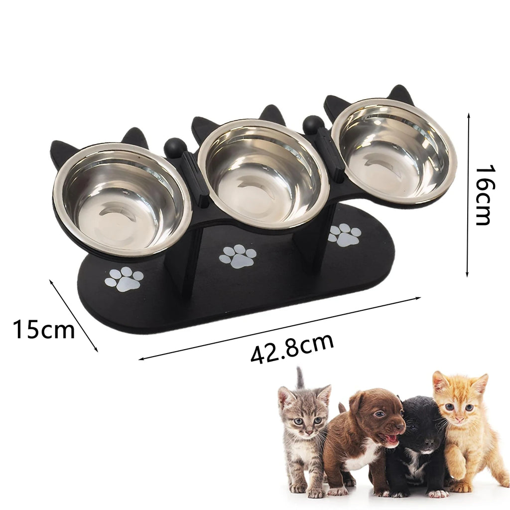 Comedero elevado para gatos con estructura de soporte de madera negra, cuencos de acero inoxidable para gatos, soporte inclinado de 15°, suministros para alimentación y agua.