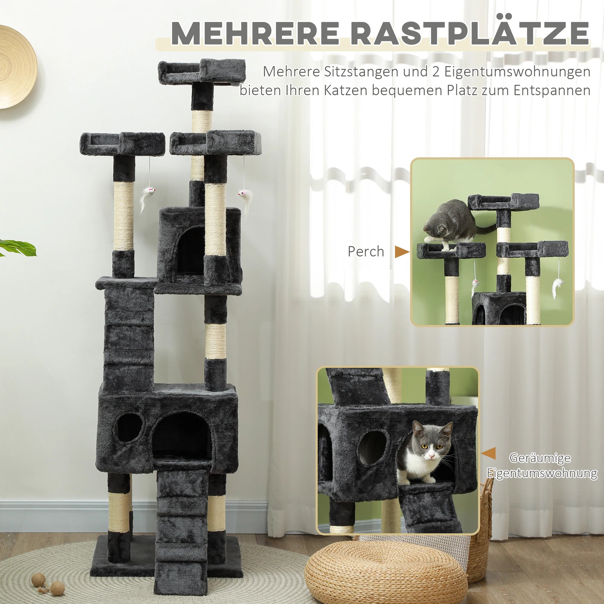 Árbol rascador para gatos PawHut, poste rascador para gatos, árbol para trepar y jugar con gatos.