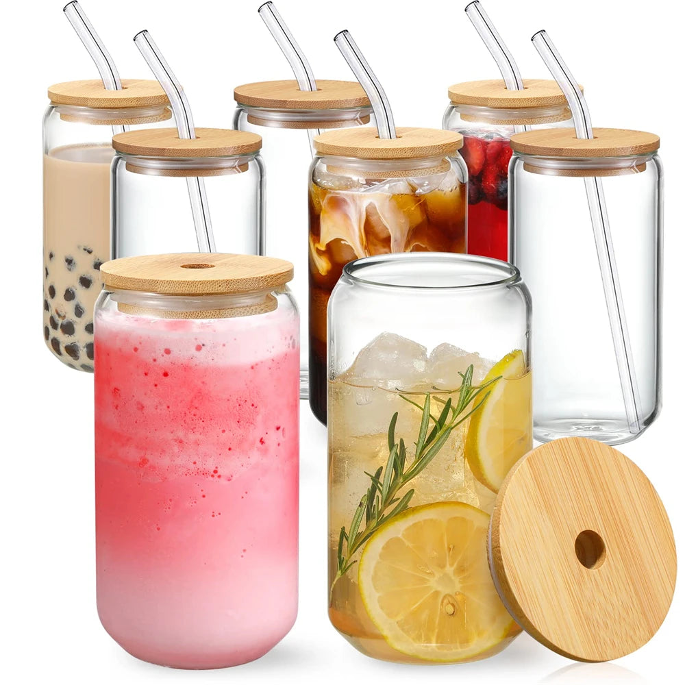 1 vaso de vidrio con tapa de bambú y pajita, 350 ml/550 ml, tarro Mason, taza de café con forma de lata de cerveza para cócteles, whisky, leche, zumo, cola.