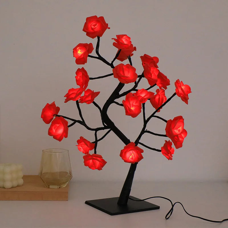 Lámpara de mesa con 24 luces LED de rosas rojas en forma de árbol, luz nocturna de hadas con forma de flor para decoración del hogar, fiestas, Navidad, bodas y dormitorios. Regalo ideal.