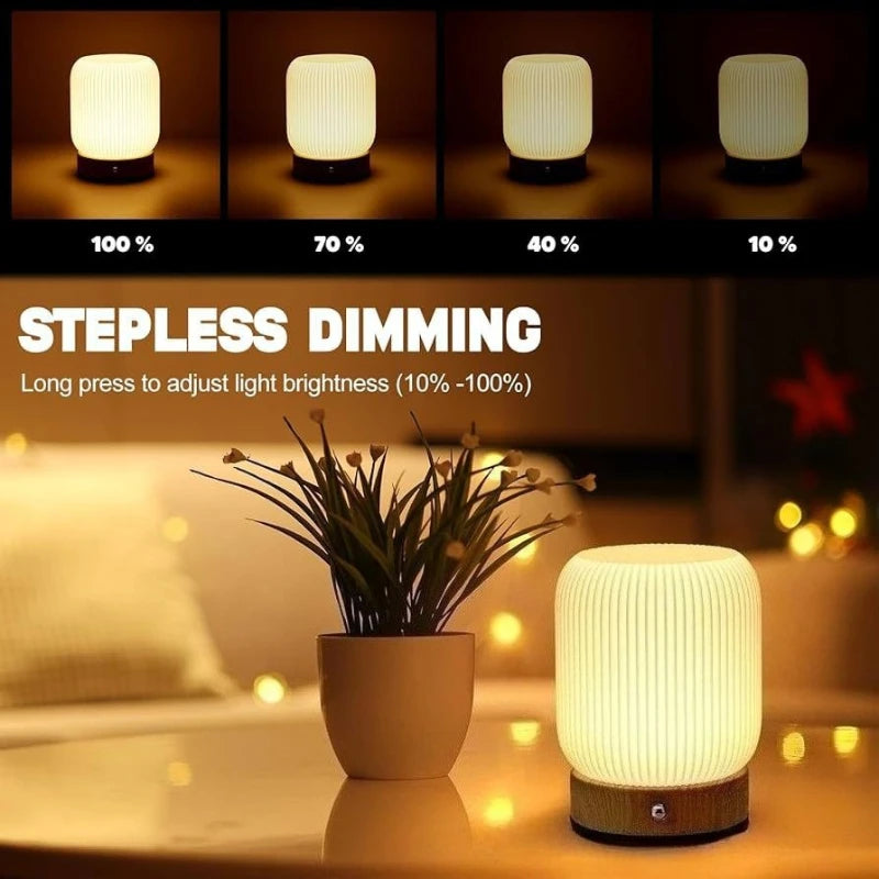 Lámpara de noche táctil con textura de madera, lámpara de mesa, lámpara de mesita de noche inalámbrica portátil con textura de madera y carga.