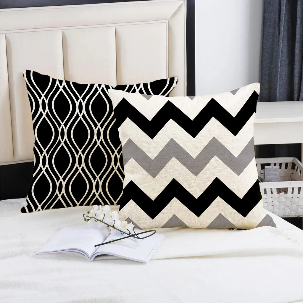 Funda de almohada de lino con estampado geométrico en blanco y negro para sofá o sofá. Decoración para el hogar. Se puede personalizar para ti. Tamaños disponibles: 40x40, 45x45, 50x50 y 60x60.