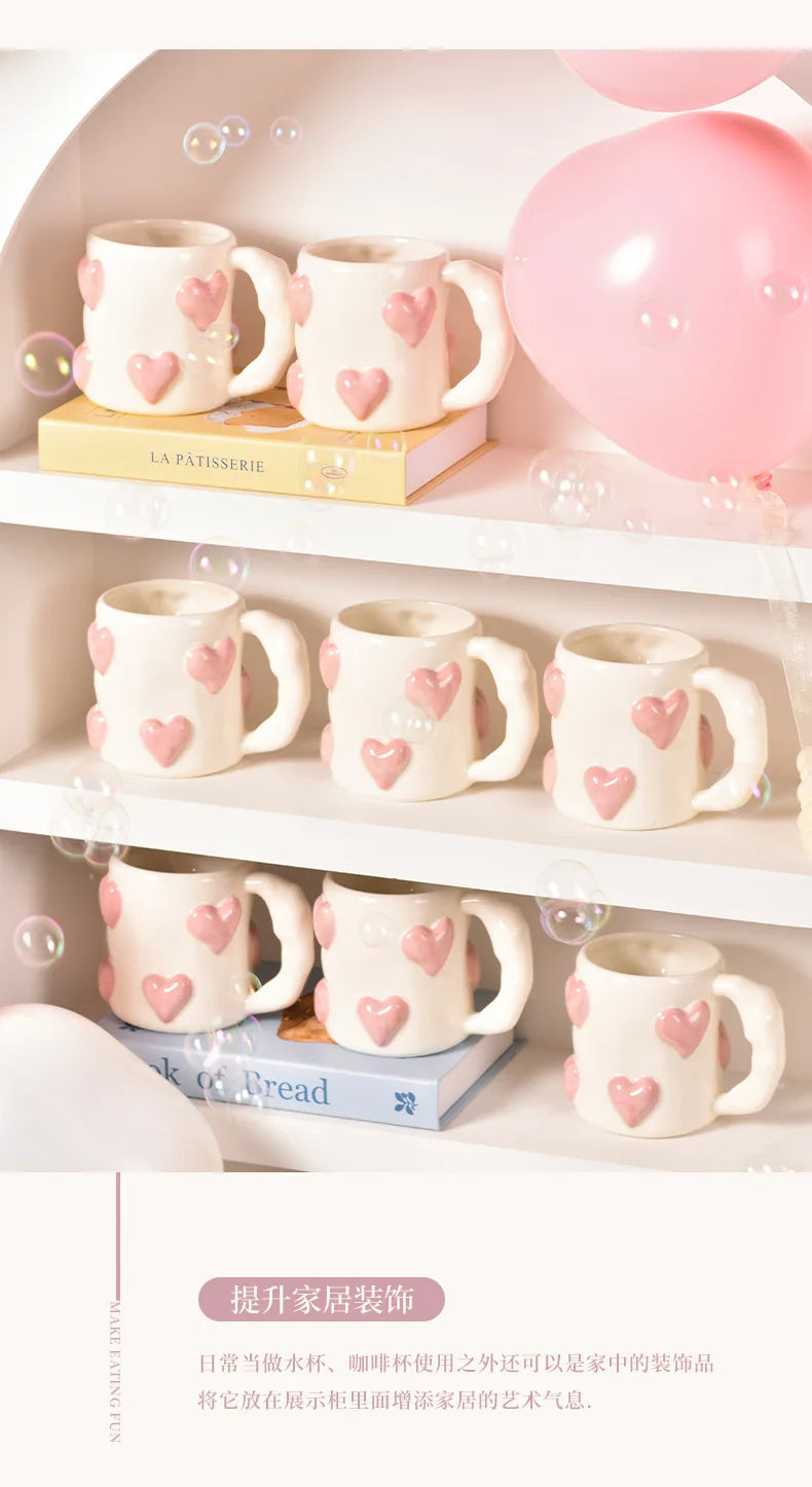 Taza de cerámica rosa con forma de corazón de AhunderJiaz, juego de tazas de café para el hogar, juego de utensilios de cocina, regalo de cumpleaños, decoración del hogar.