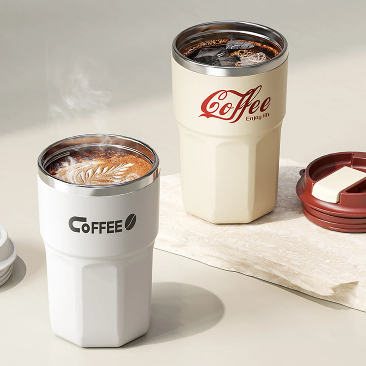 Taza de café WORTHBUY con tapa y asa, de acero inoxidable 304, para té, leche y café, con doble pared aislante y protección anti-quemaduras.