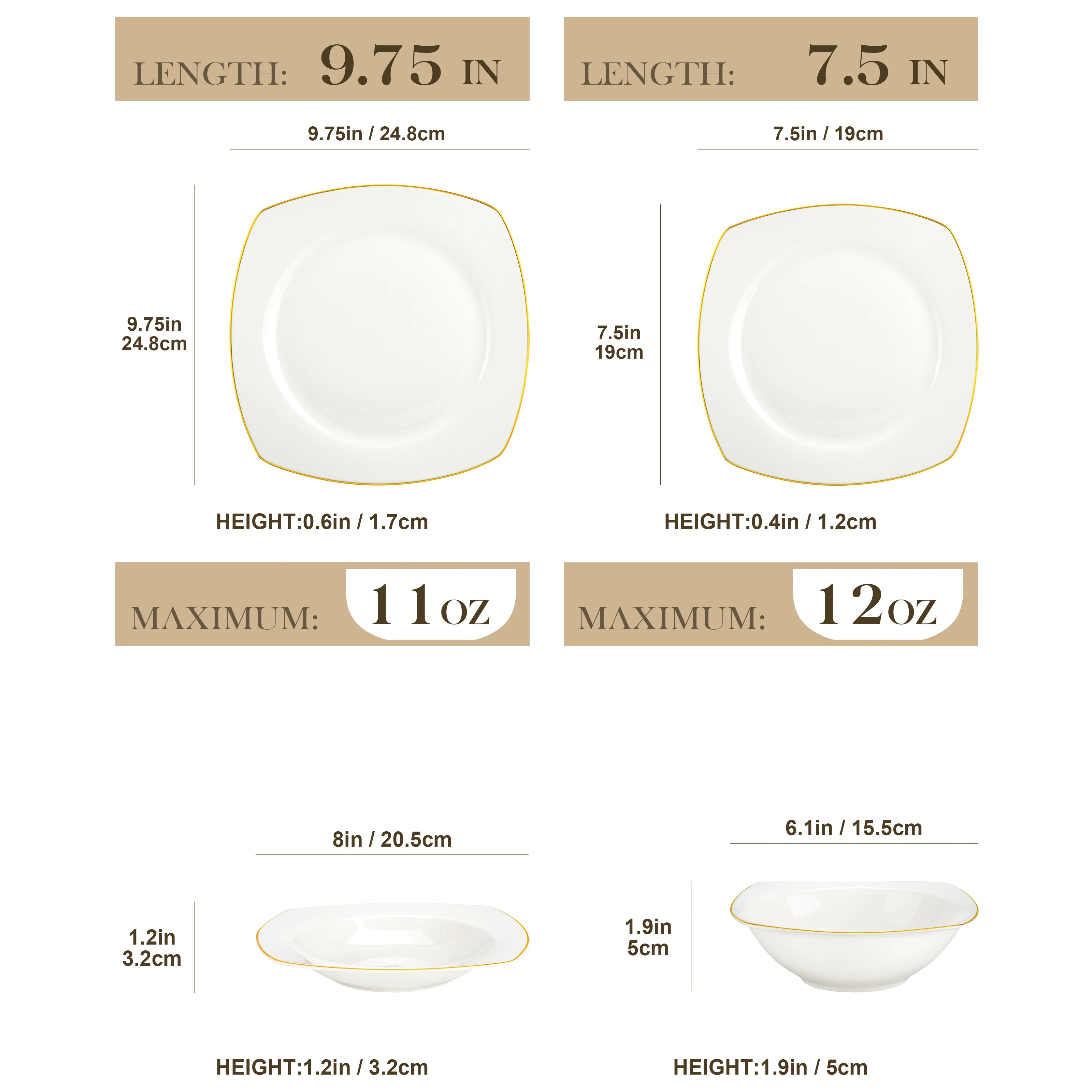 Juego de vajilla MALACASA de porcelana blanca con borde dorado, estilo nórdico europeo, de 16/32 piezas, con cuenco, plato llano, plato de postre y plato hondo para 4 personas.