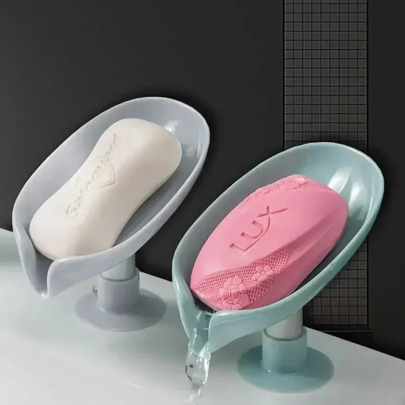 Jabonera con forma de hoja, bandeja con ventosa, escurridor para esponja de ducha, accesorios de cocina y baño.
