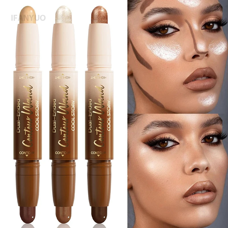 Barra de contorno de doble punta, iluminadora y sombra en crema, resistente al agua, corrector de cobertura total, acabado natural, maquillaje para todo tipo de piel.