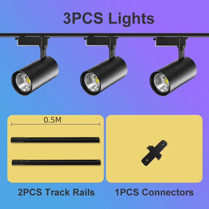 Juego completo de focos LED de riel de 50W, 40W y 20W con tecnología COB para iluminación de riel de techo en interiores, ideales para la decoración de salas de estar y cocinas.