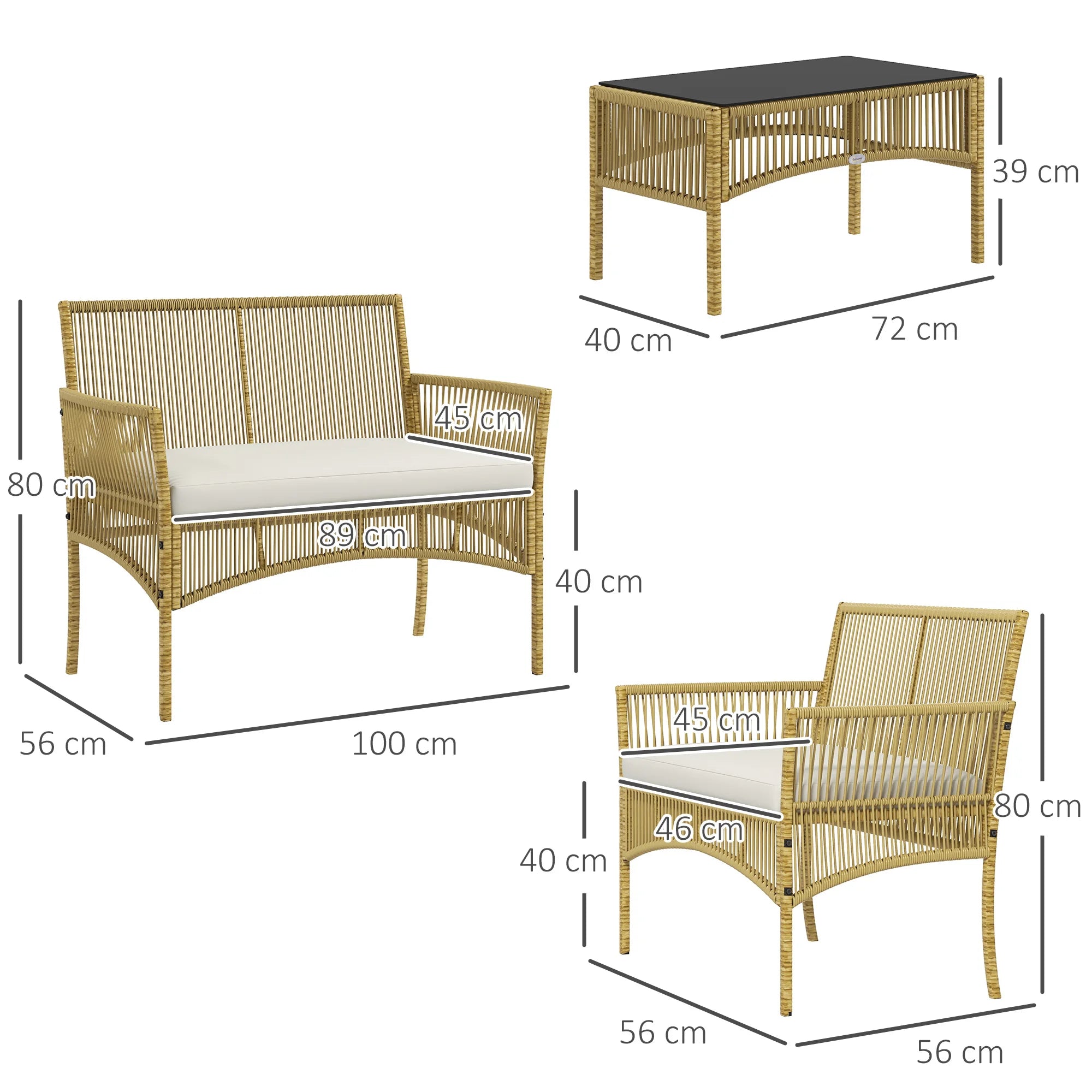 Conjunto de muebles de jardín de ratán Outsunny de 4 piezas con sofá, sillones y mesa.