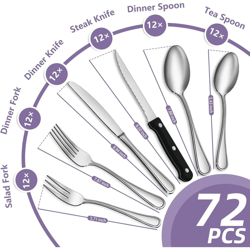 Juego de cubiertos de acero inoxidable de 72 piezas, apto para 12 personas, juego de cubiertos pulidos de alto brillo, con cuchillo para carne, apto para lavavajillas.