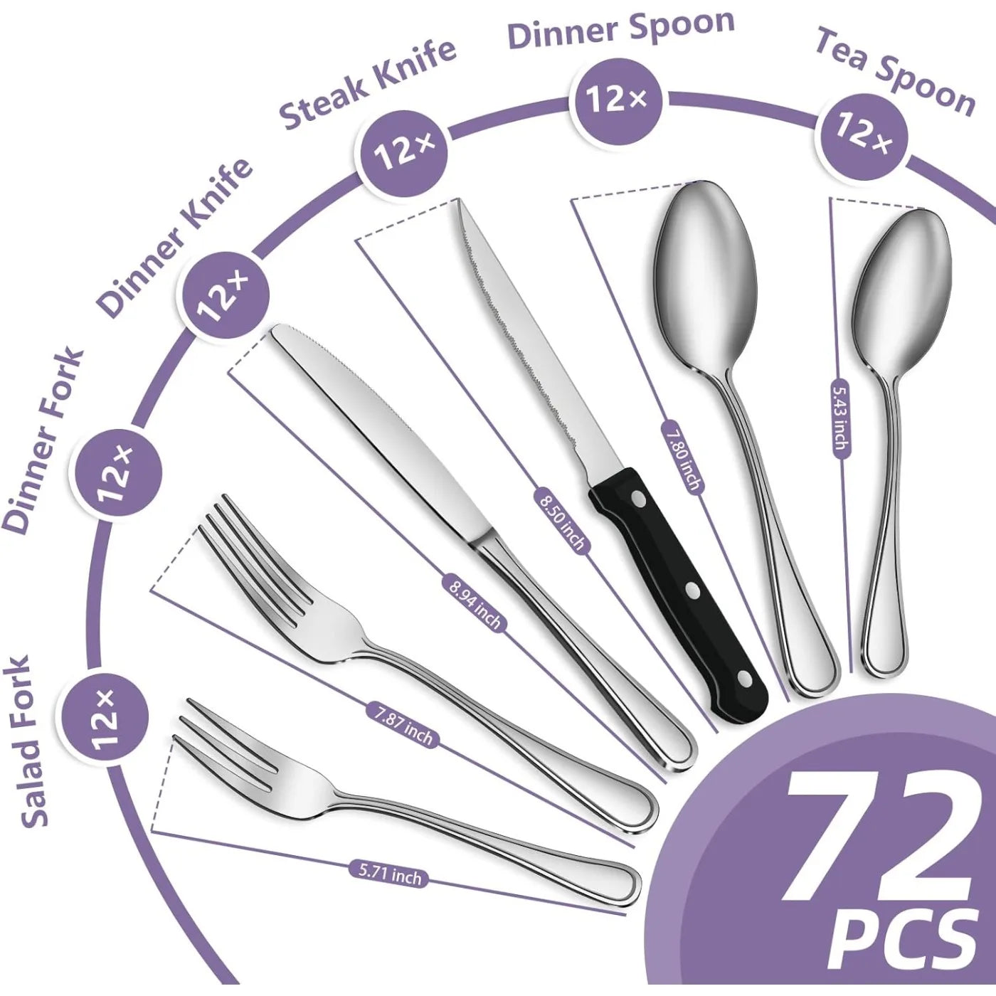 Juego de cubiertos de acero inoxidable de 72 piezas, apto para 12 personas, juego de cubiertos pulidos de alto brillo, con cuchillo para carne, apto para lavavajillas.