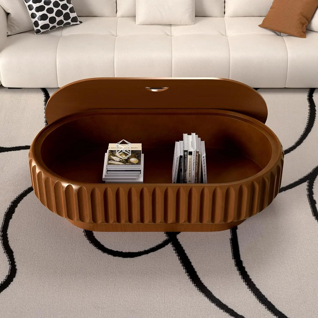 43.3'' Oval Coffee Table with Storage for Living Room, Modern Oval Drum Fluted Coffee Table with Wood Veneered, Customized