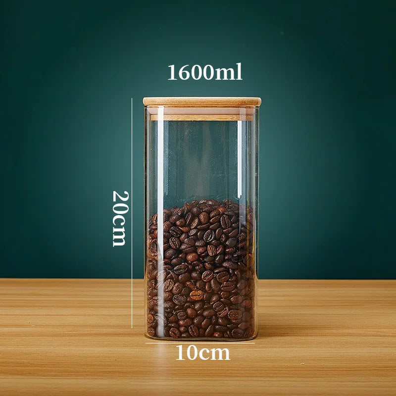 Tarros de vidrio cuadrados con tapa de bambú para almacenar granos de café, cereales, fideos y otros alimentos. Organizadores de cocina.