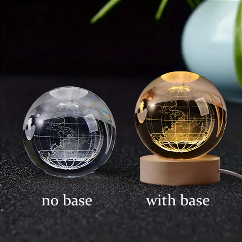1 Pc Bola de Cristal de 6 cm Lámpara Nocturna Planeta Grabado con Láser Regalo de Cumpleaños Esfera de Vidrio Decoración de Escritorio para el Hogar con Base de Madera y USB