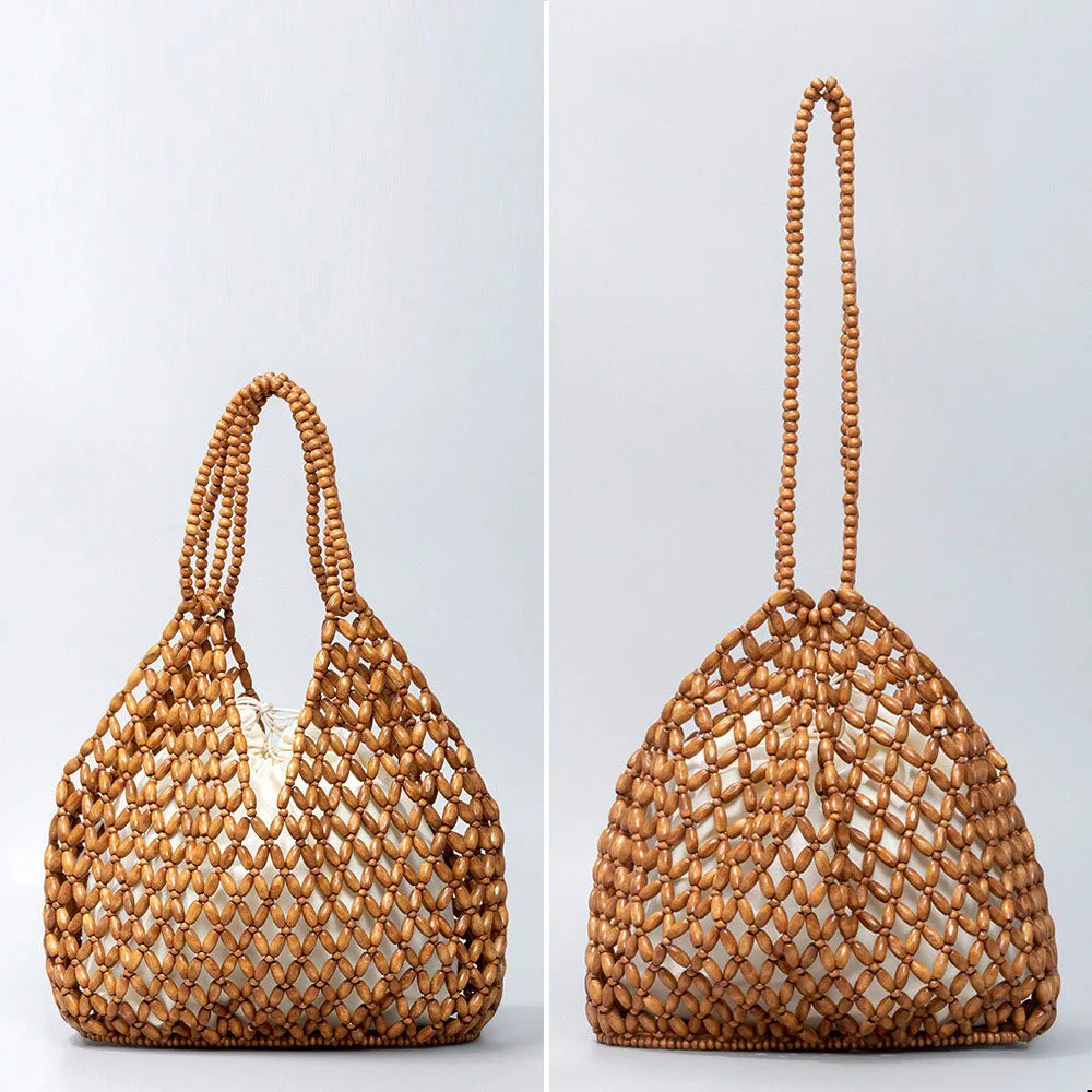 Bolso de mano tejido a mano con cuentas para mujer, exquisito bolso de hombro de madera calada con cuentas, bolso de playa femenino