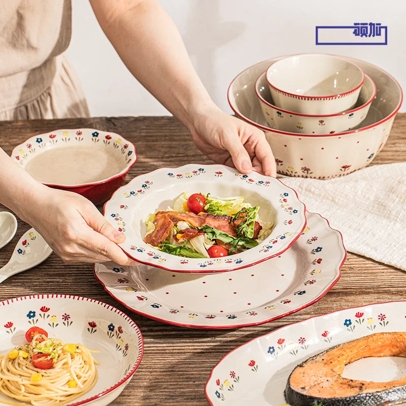 Vajilla de cerámica vintage de alta calidad: cuenco para sopa, plato para ensalada y plato para pasta. Apta para microondas. Juego de platos y cuencos de cerámica de colores.