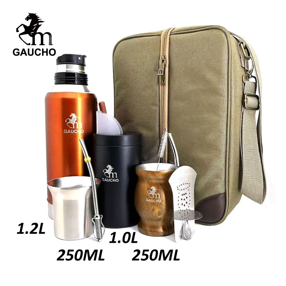 1 juego/lote de kits de viaje de yerba mate Gaucho que incluyen termo de acero inoxidable, taza de calabaza, bombilla, pajita, lata de té y separador de filtro.