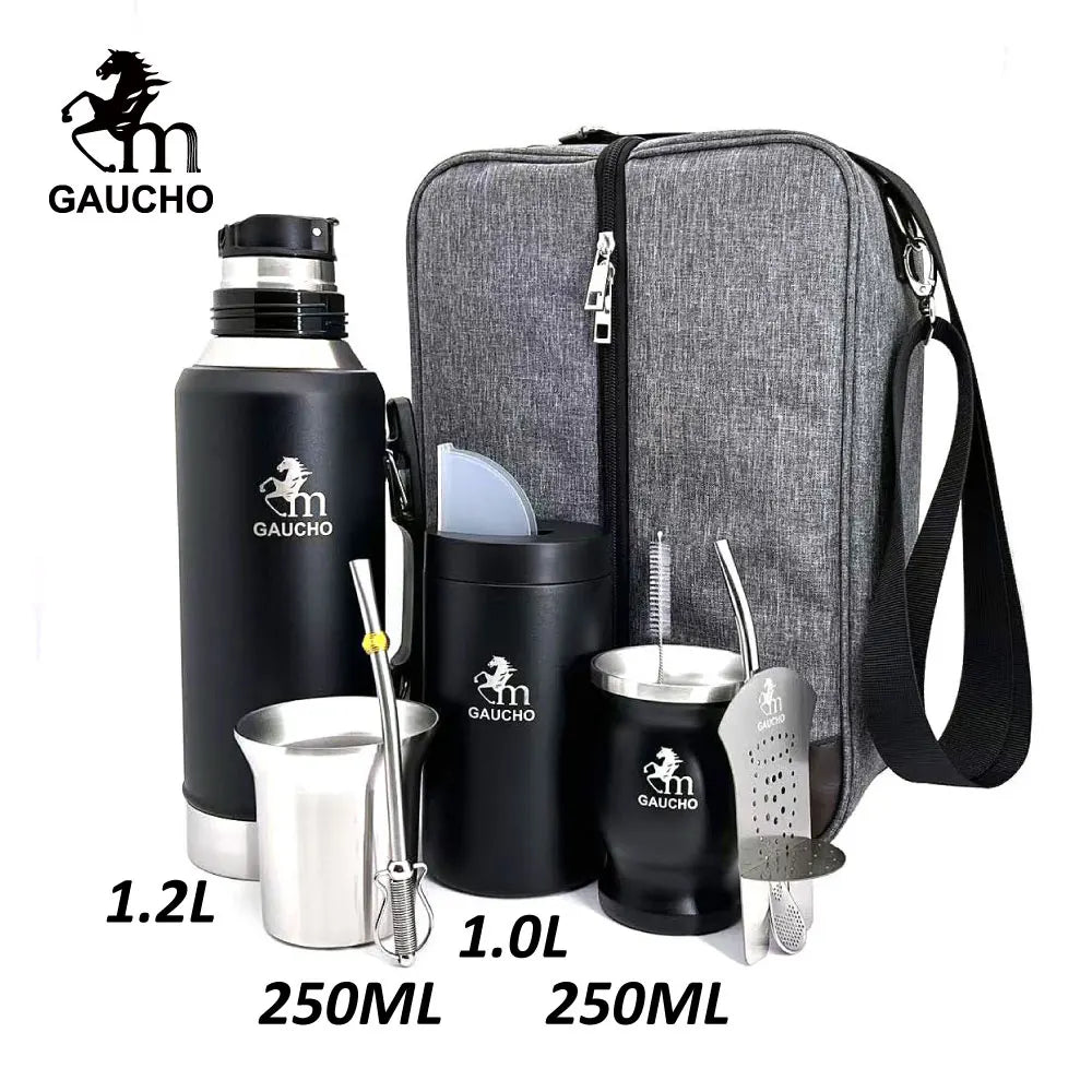 1 juego/lote de kits de viaje de yerba mate Gaucho que incluyen termo de acero inoxidable, taza de calabaza, bombilla, pajita, lata de té y separador de filtro.