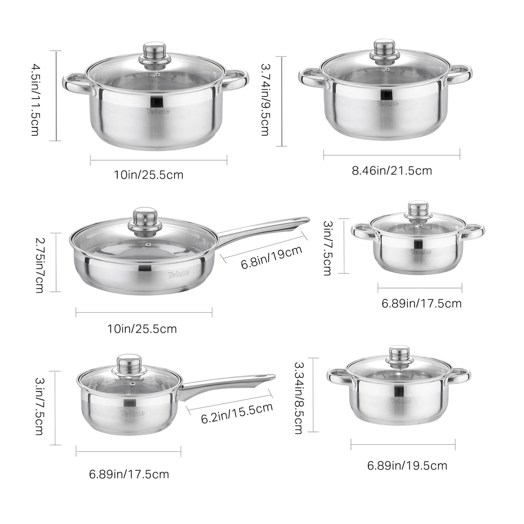 Juego de utensilios de cocina Velaze de 12 piezas, de acero inoxidable, apto para inducción, incluye cacerola, olla y cazuela con tapa de vidrio.