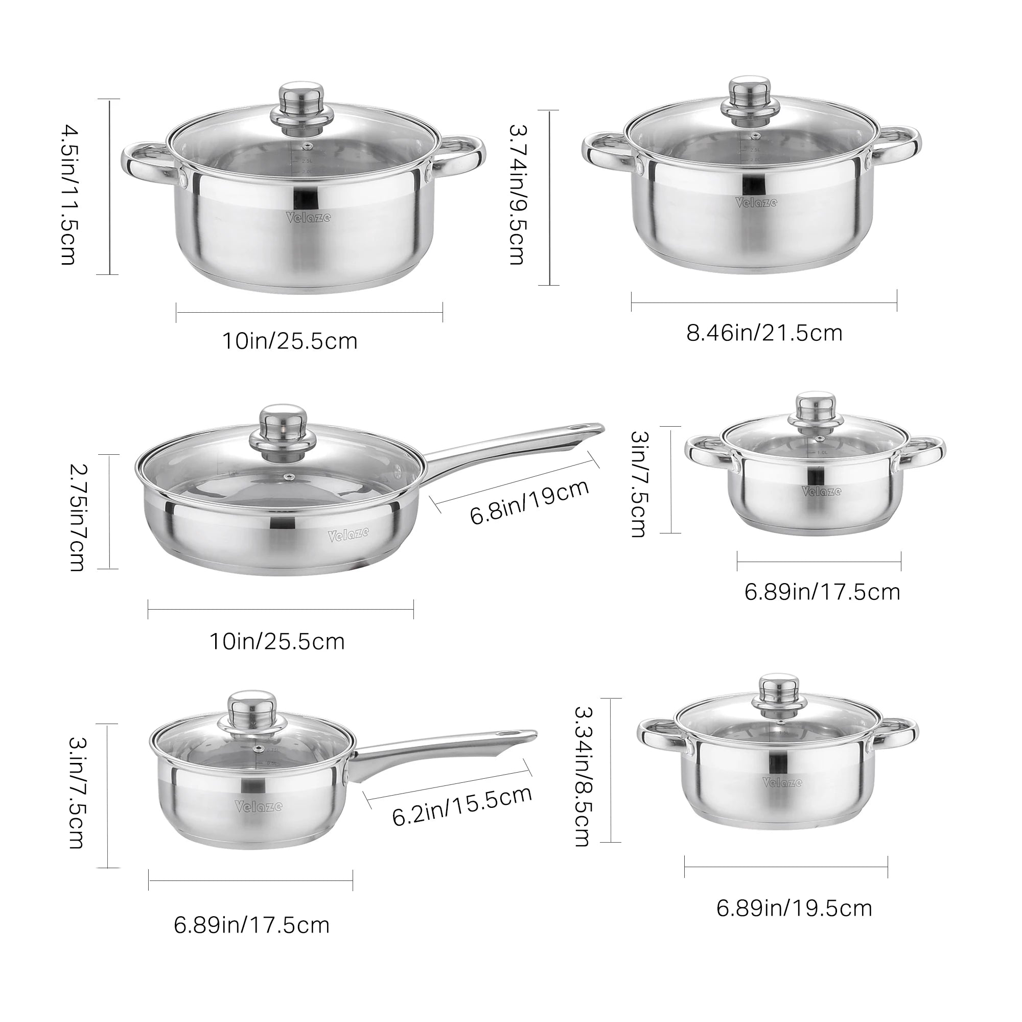 Juego de utensilios de cocina Velaze de 12 piezas, de acero inoxidable, apto para inducción, incluye cacerola, olla y cazuela con tapa de vidrio.