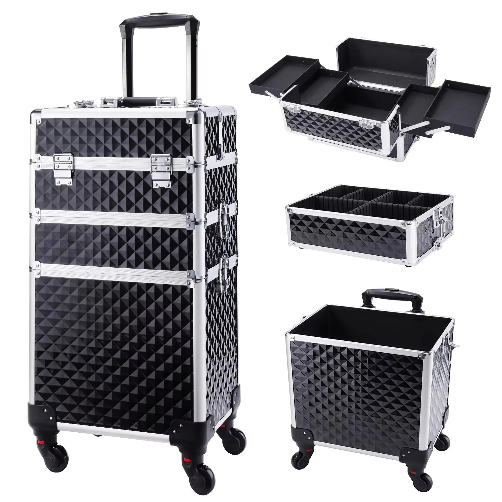 Maletín de maquillaje rodante 3 en 1, maletín de maquillaje desmontable, maletín de cosmetología con ruedas, carrito de maquillaje con cerradura de gran capacidad para salón de belleza.