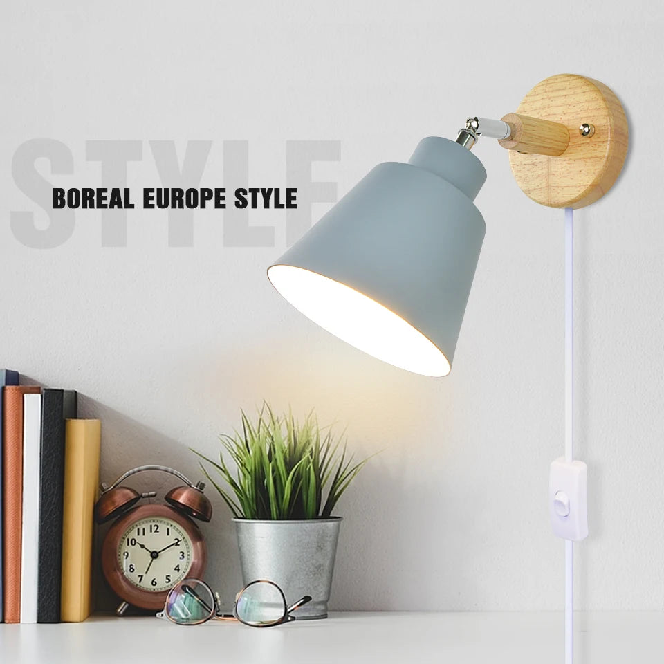 Aplique de pared nórdico para interiores, bricolaje, E27, madera, 6 colores, enchufe EU/UL, 350°, lámparas de pared para sala de estar, dormitorio, pasillo, apliques.