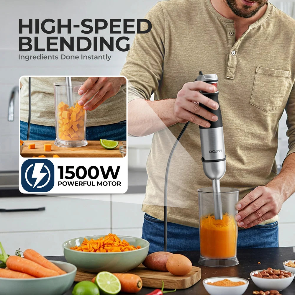 Batidora de mano eléctrica 6 en 1, batidora de inmersión multiusos, cuchillas de acero inoxidable, para el hogar y la cocina, potencia máxima de 1500 W.