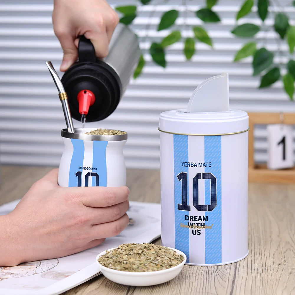 Juego de mate para capitán argentino n.° 10, con calabaza y yerbero, lata de té, bombilla (pajita) y taza de mate.