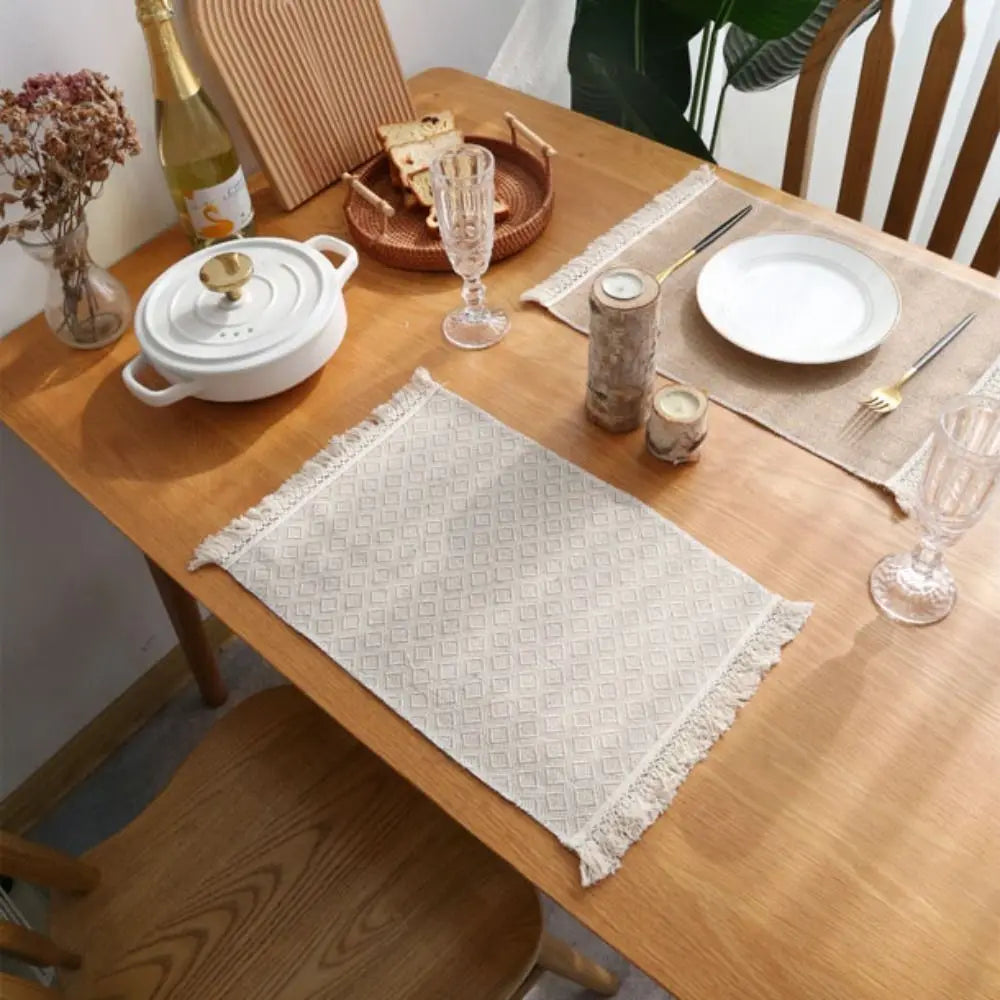 1 unidad de manteles individuales cuadrados creativos para mesa de comedor con encaje, de yute natural. Manteles individuales para mesa de comedor y cocina. Decoración de mesa de yute color caqui.
