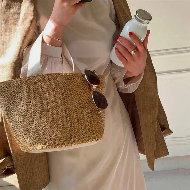 Bolso bandolera de paja playera para mujer, estilo bohemio, de verano, de ratán tejido, tipo cubo, hecho a mano.