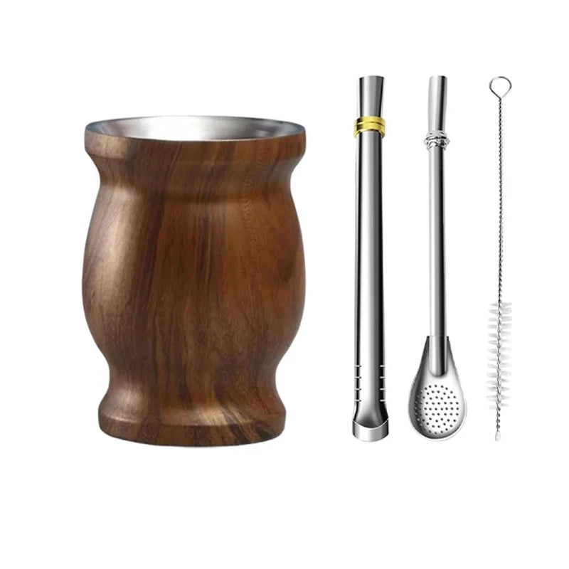 Juego de mate de acero inoxidable con doble pared, incluye 2 bombillas, una calabaza para mate con pajita y un cepillo de limpieza.