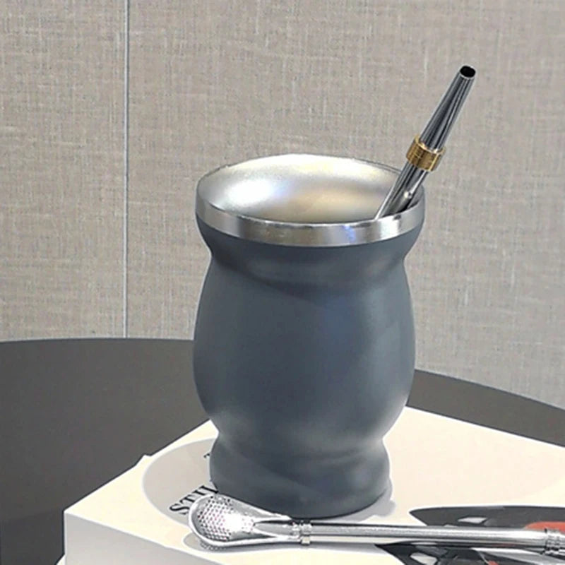 Mate de acero inoxidable 304 de doble pared de 237 ml (8 oz) con pajita, cuchara y cepillo de limpieza.