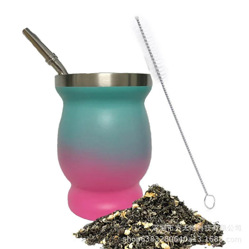 Juego de taza de yerba mate de 230 ml de acero inoxidable. Incluye cepillo de limpieza doble, pajita, taza aislante anti-quemaduras. Utensilios de té para el hogar.