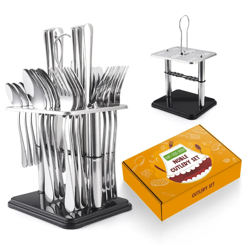 Juego de cubiertos de acero inoxidable de 24 piezas con mango de cerámica y diseño de martillo (cuchillo, tenedor y cuchara). Juego de cubiertos de viaje.