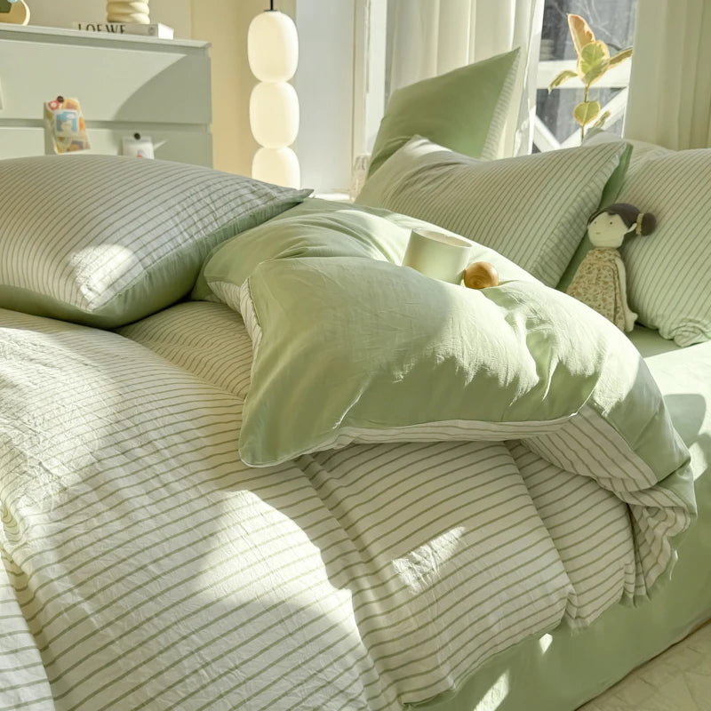 Juego de funda nórdica de algodón lavado, juego de edredón estilo nórdico minimalista, juego de cama gris a rayas, juego de ropa de cama textil para el hogar, sábanas 2025