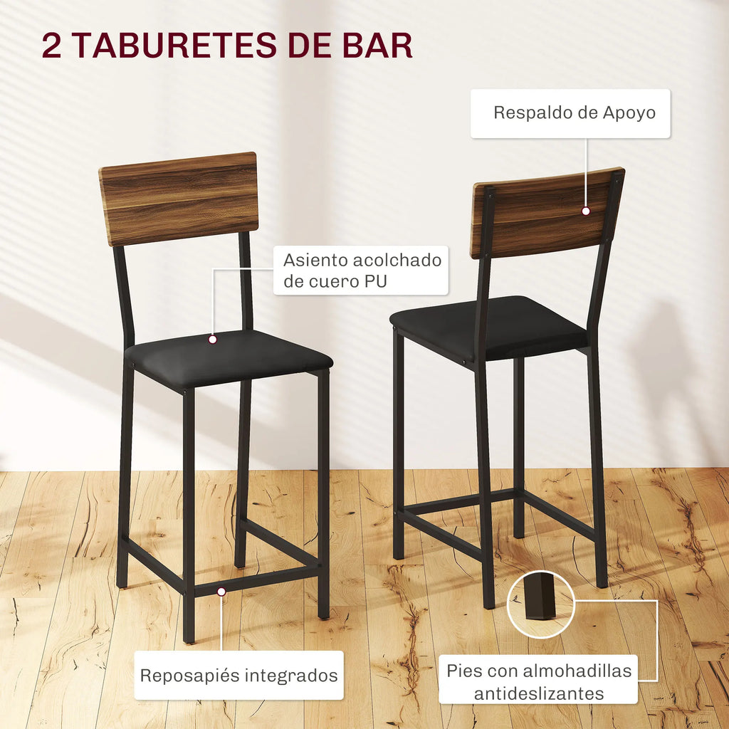 HOMCOM Conjunto de Mesa de Bar con Laterales Abatibles Soporte para Vinos y 2 Taburetes de Estilo Industrial Marrón y Negro