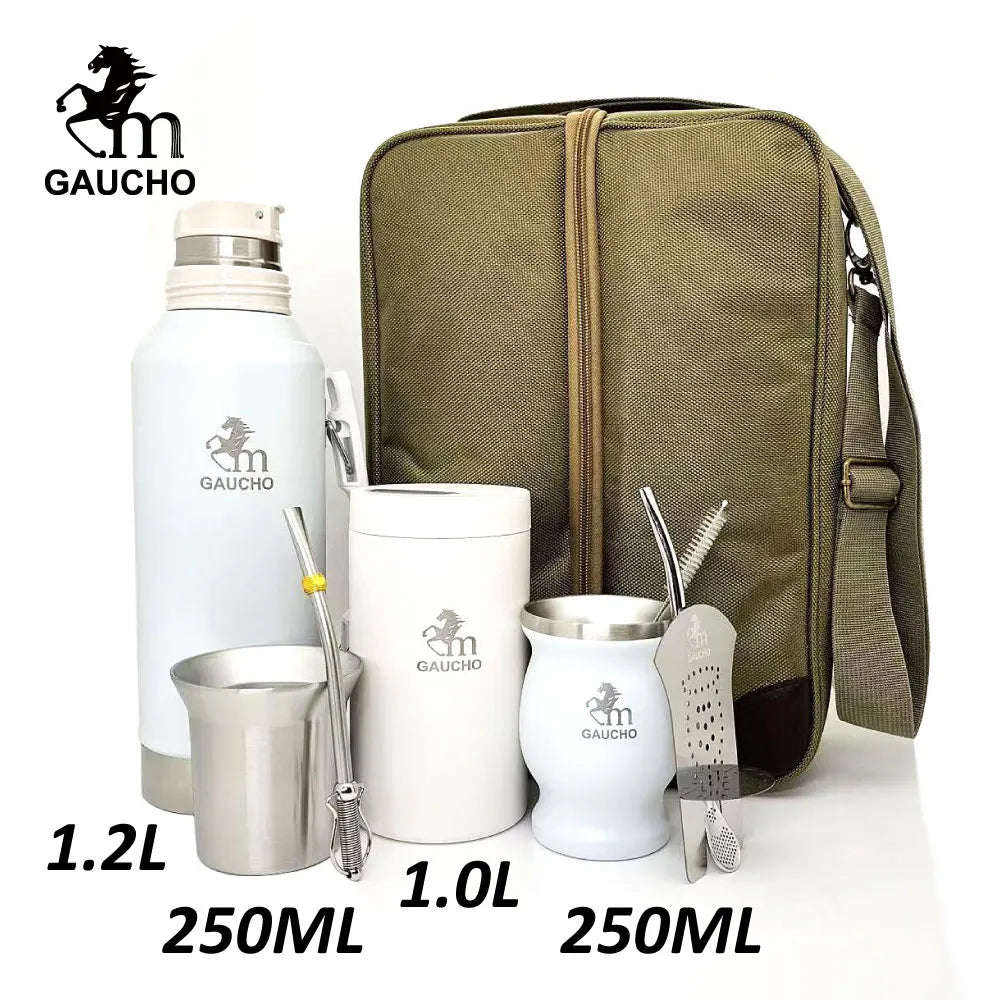1 juego/lote de kits de viaje de yerba mate Gaucho que incluyen termo de acero inoxidable, taza de calabaza, bombilla, pajita, lata de té y separador de filtro.