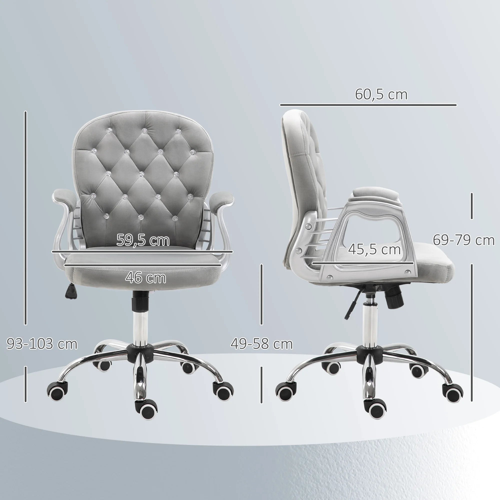 Vinsetto Silla de Escritorio de Terciopelo con Altura Ajustable Reposabrazos y Decoraciones de Diamantes 59,5x60,5x93-103 cm Gris