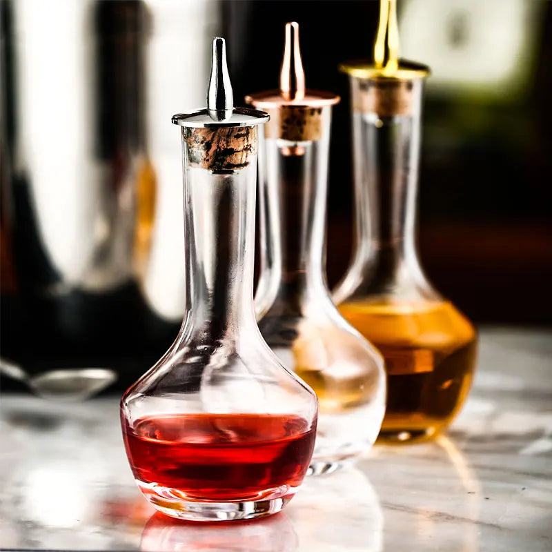 Botella de amargo - Botella de vidrio vintage, botellas decorativas con tapón dosificador, botellas dosificadoras para preparar cócteles, ideal para bartenders.