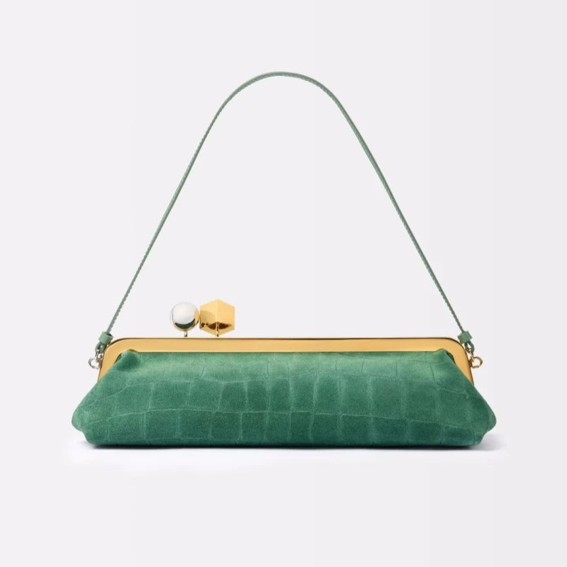 Bolso de mano largo con correa de hombro extraíble, bolso baguette de moda para mujer, bolso de mano de lujo de diseñador con clip para mujer.
