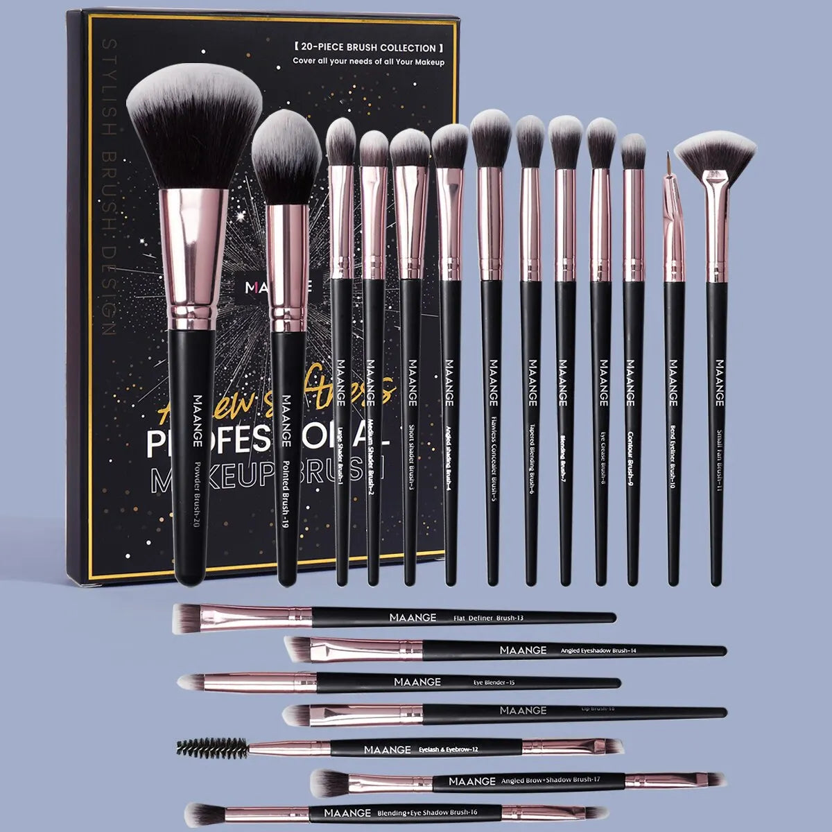 20 brochas de maquillaje con caja, herramienta profesional para difuminar polvos, sombras de ojos, base de maquillaje y colorete.