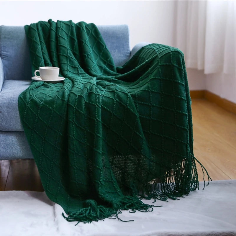 Mantas nórdicas de punto con borlas, color caqui, crema y gris, estilo vintage, ideales para cama, sofá o sillón. Funda de cama extragrande.