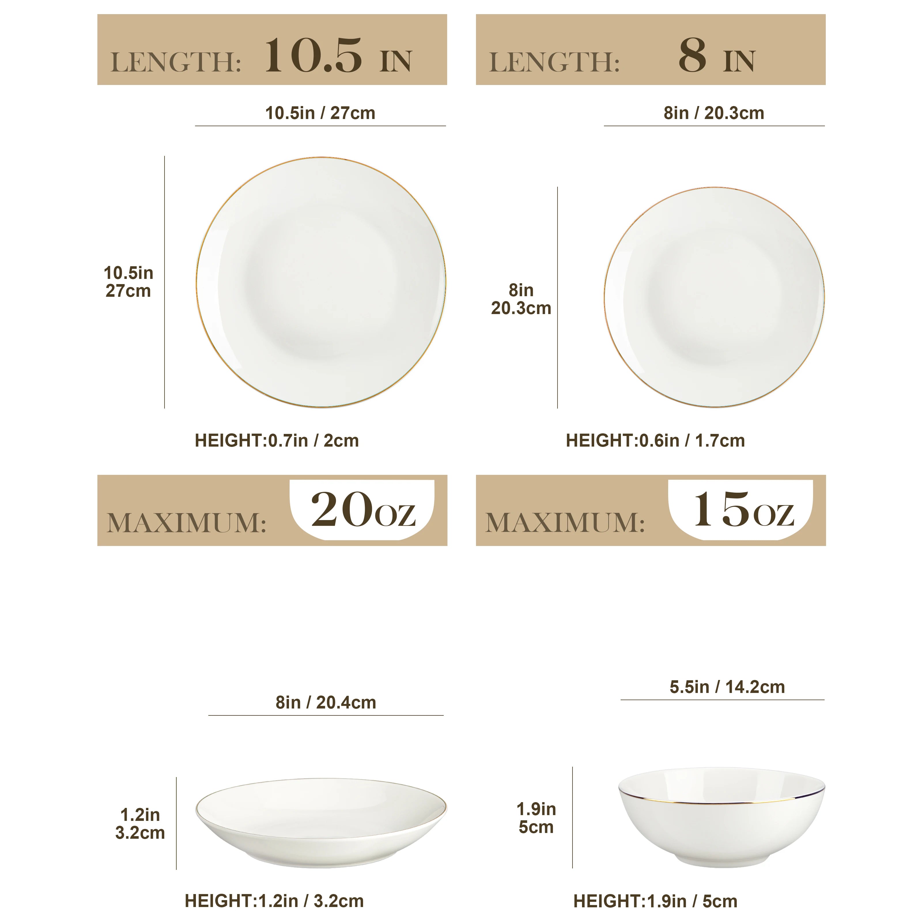 Juego de vajilla MALACASA de porcelana blanca con borde dorado, estilo nórdico europeo, de 16/32 piezas, con cuenco, plato llano, plato de postre y plato hondo para 4 personas.