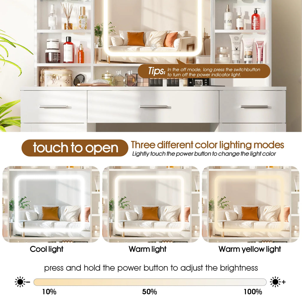 Tocador con espejo LED, 3 colores de luz y táctil, 3 cajones, 2 armarios, vitrina, estantes, taburete, blanco.