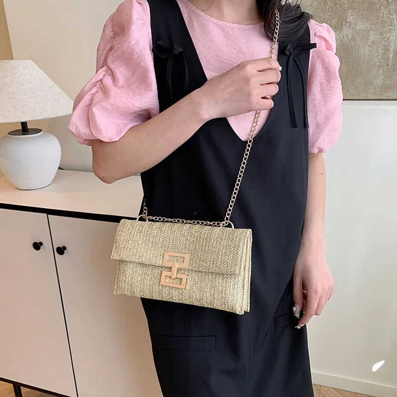 Bolso de mano de mujer tejido con hierba, cartera para móvil, bolso de estilo bohemio veraniego para la playa, cartera tejida, imprescindible para chicas de vacaciones.