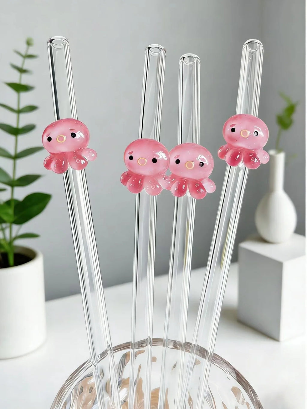 Juego de 1/2/5 pajitas de vidrio reutilizables con forma de pulpo, pajitas transparentes y flexibles para cócteles, regalo perfecto para las fiestas.
