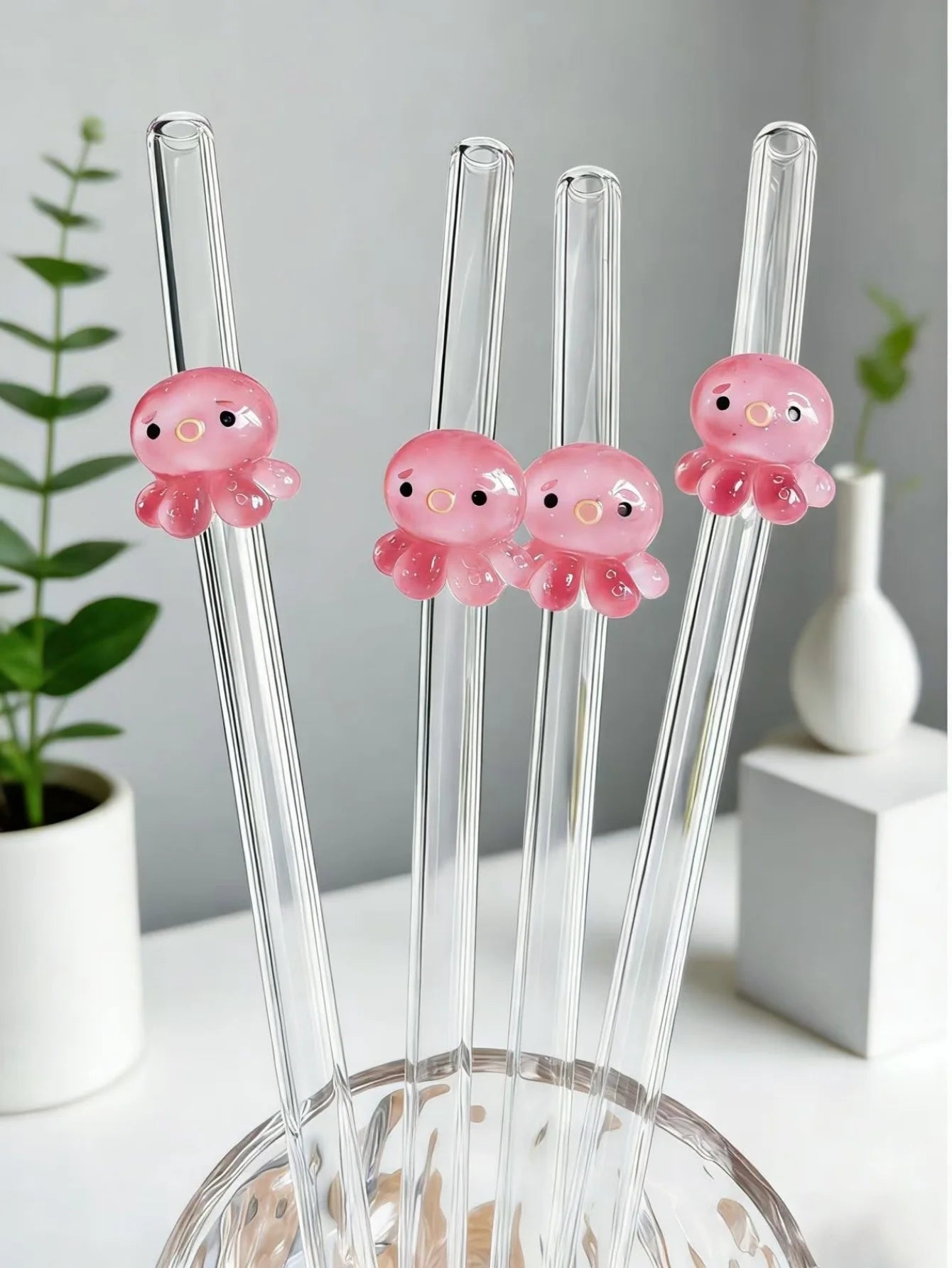 Juego de 1/2/5 pajitas de vidrio reutilizables con forma de pulpo, pajitas transparentes y flexibles para cócteles, regalo perfecto para las fiestas.